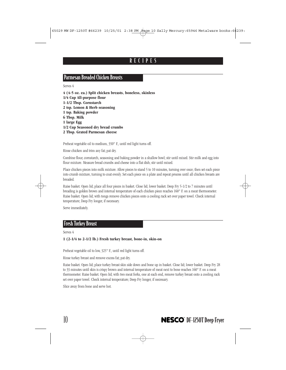 Df-1250t deep fryer, Parmesan breaded chicken breasts, Fresh turkey breast | Nesco DF-1250T User Manual | Page 10 / 16