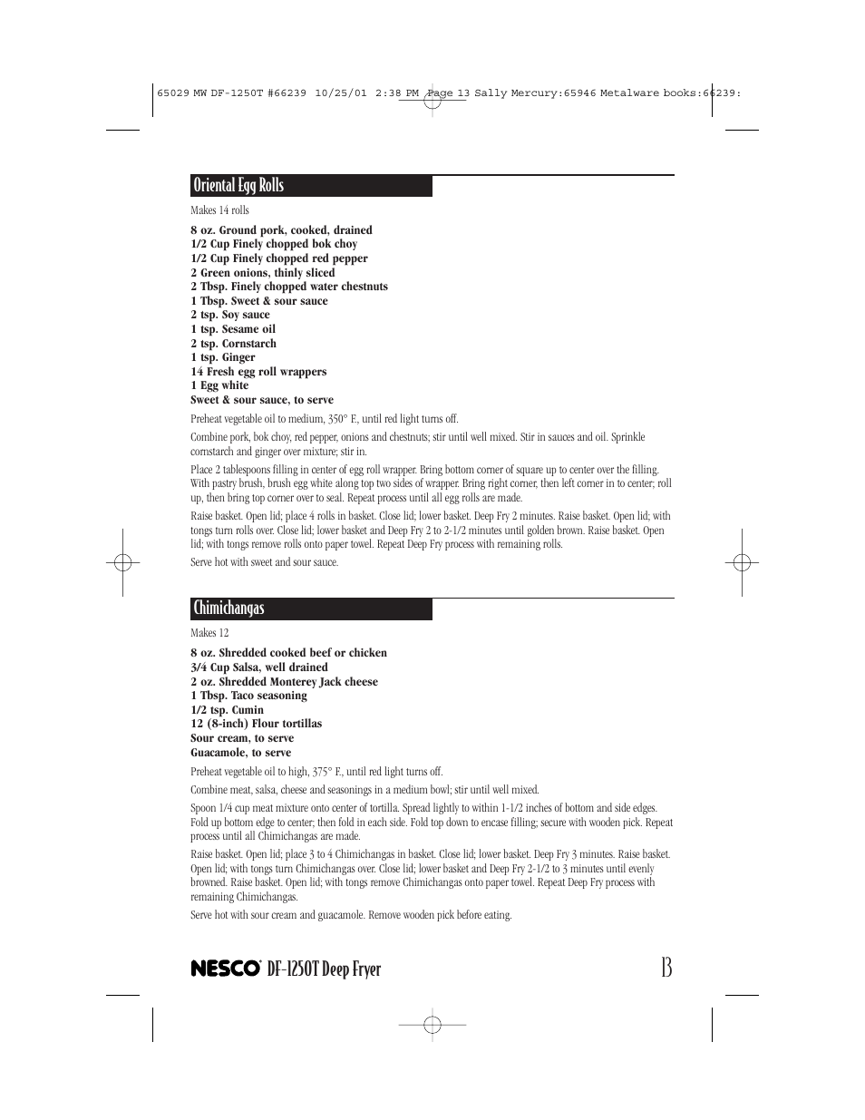 Df-1250t deep fryer, Oriental egg rolls, Chimichangas | Nesco DF-1250T User Manual | Page 13 / 16
