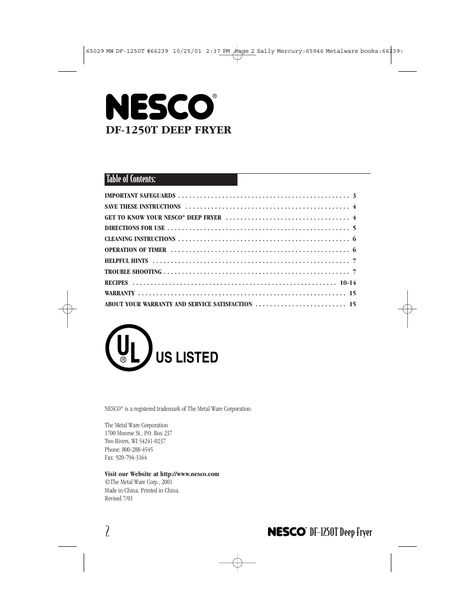 Nesco DF-1250T User Manual | Page 2 / 16