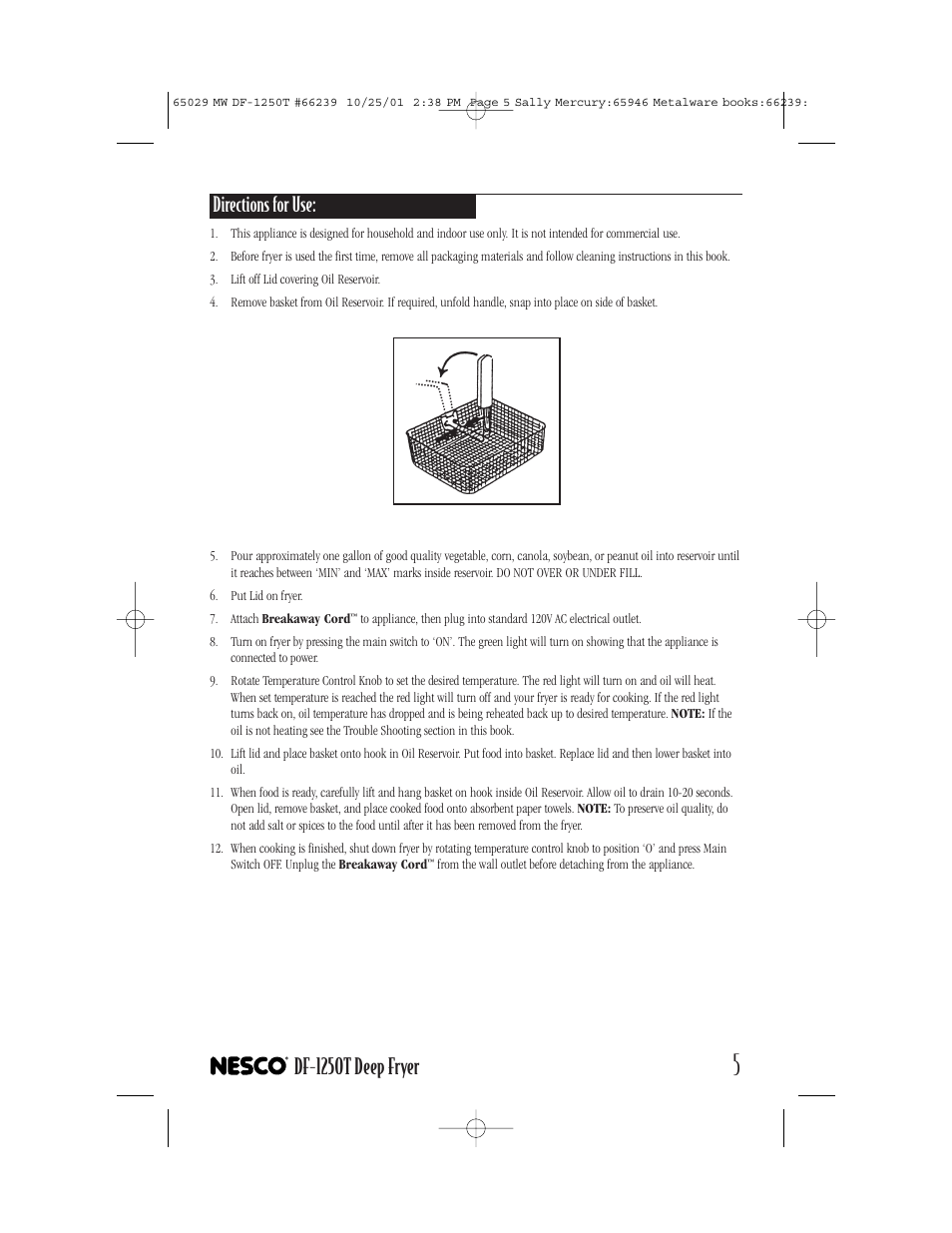 Df-1250t deep fryer, Directions for use | Nesco DF-1250T User Manual | Page 5 / 16