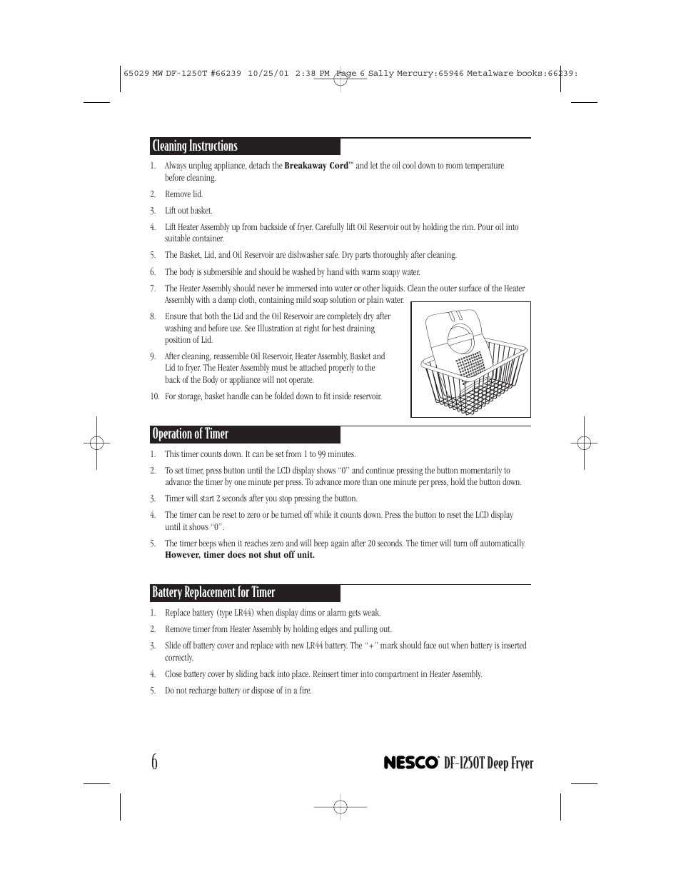 Df-1250t deep fryer, Cleaning instructions, Operation of timer | Battery replacement for timer | Nesco DF-1250T User Manual | Page 6 / 16