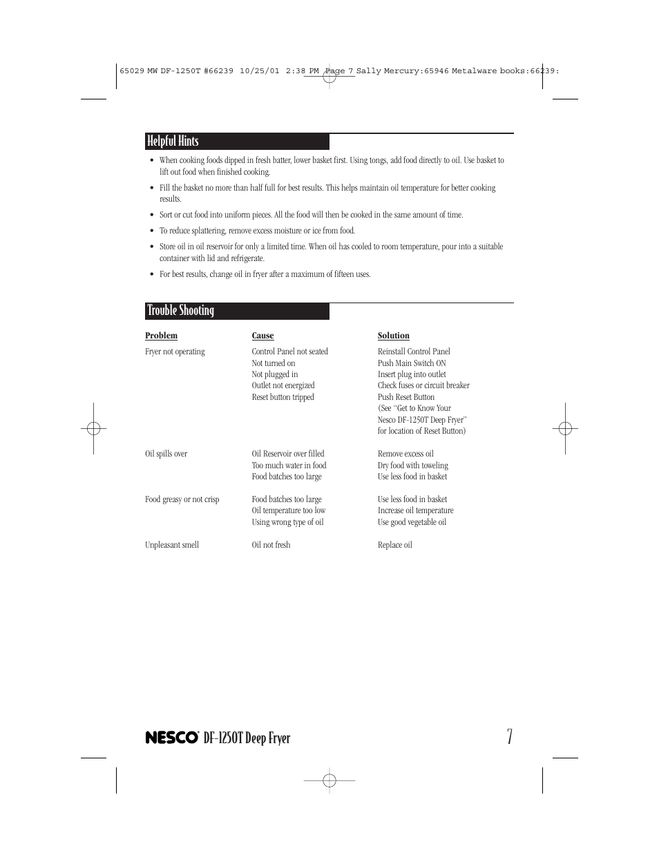 Df-1250t deep fryer, Helpful hints, Trouble shooting | Nesco DF-1250T User Manual | Page 7 / 16