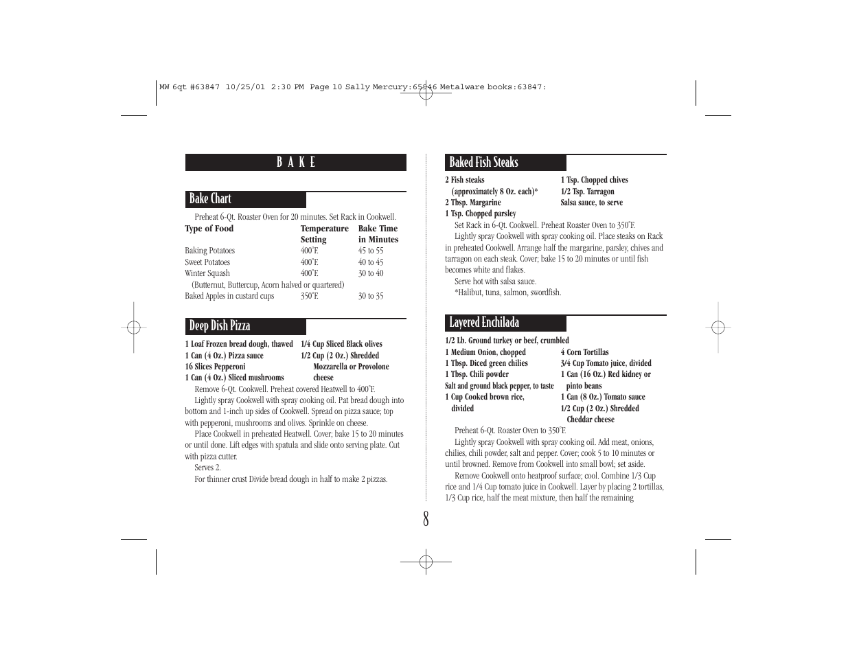 Deep dish pizza, Baked fish steaks, Layered enchilada | Nesco 6 Qt. Roaster Oven User Manual | Page 10 / 36