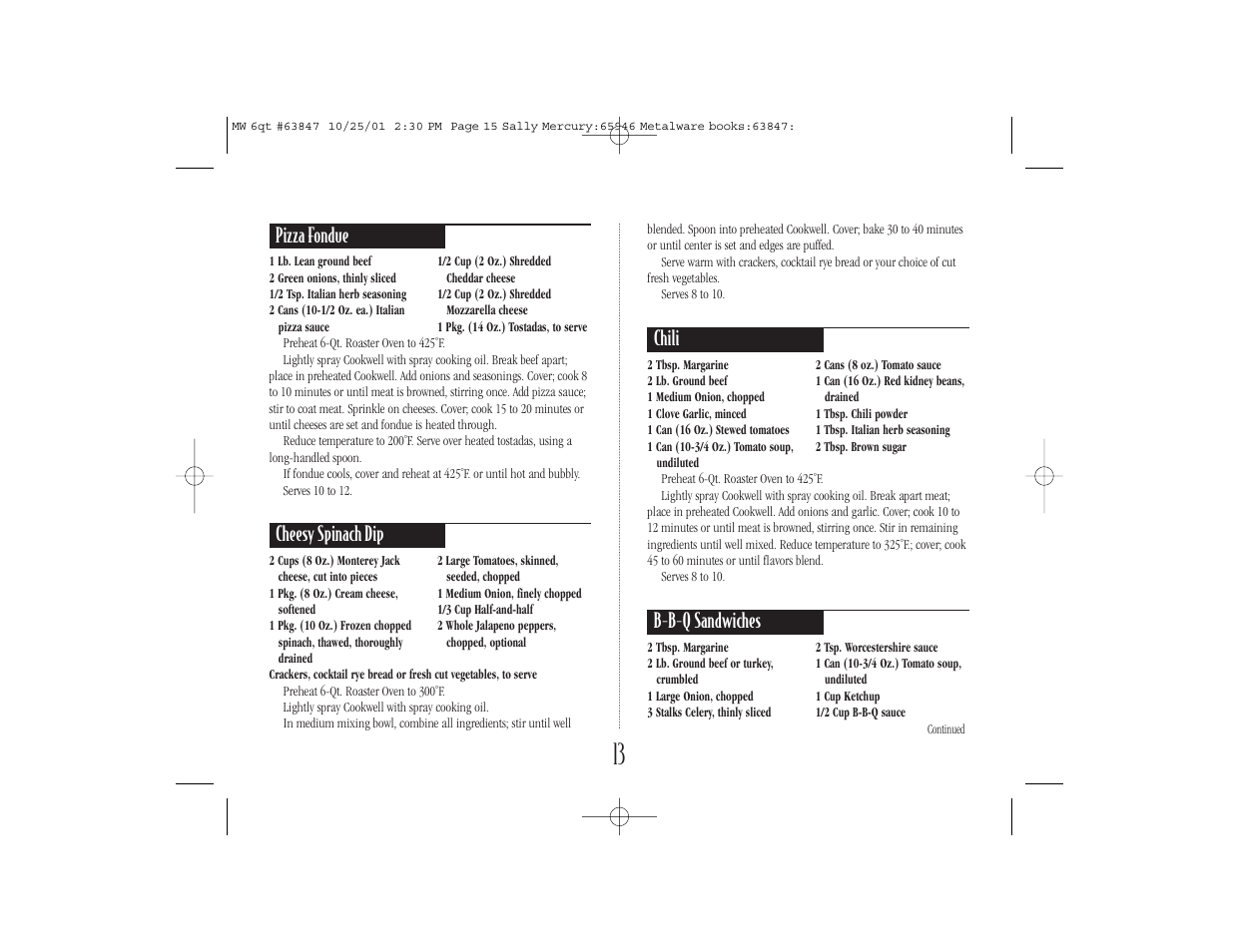 Pizza fondue, Cheesy spinach dip, Chili | B-b-q sandwiches | Nesco 6 Qt. Roaster Oven User Manual | Page 15 / 36