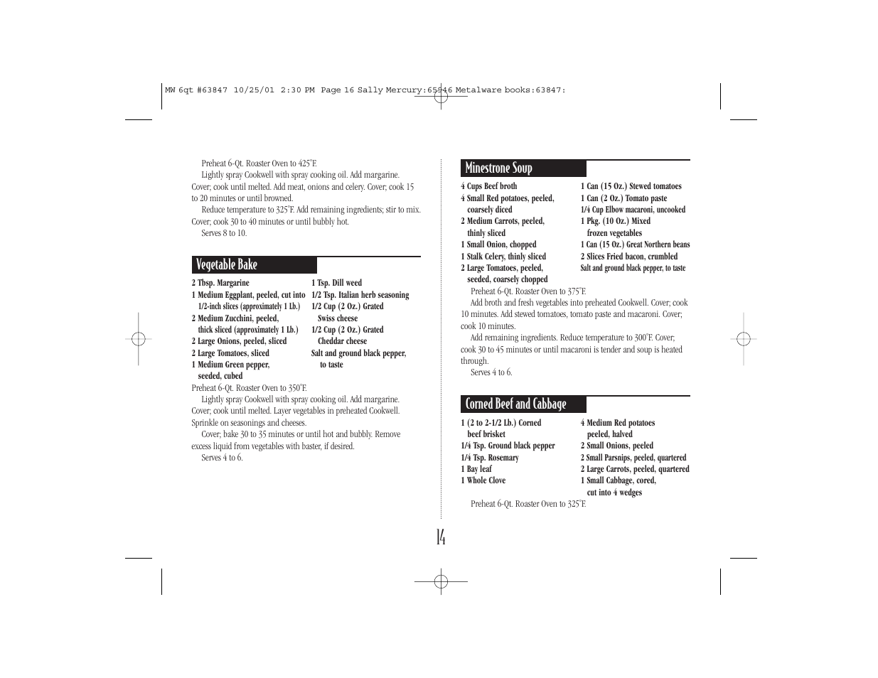 Vegetable bake, Minestrone soup, Corned beef and cabbage | Nesco 6 Qt. Roaster Oven User Manual | Page 16 / 36