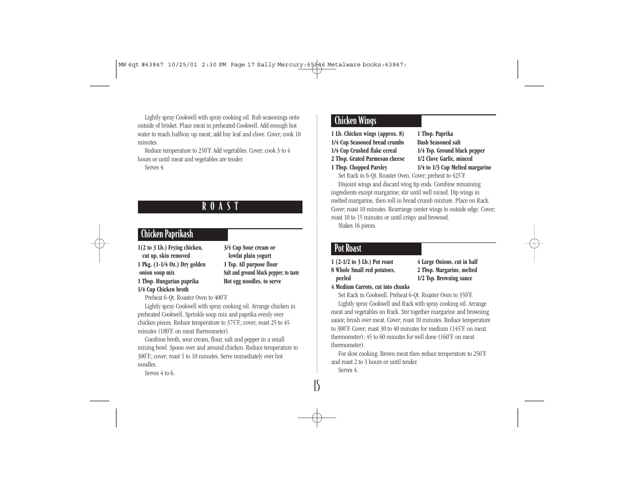 Chicken wings, Pot roast | Nesco 6 Qt. Roaster Oven User Manual | Page 17 / 36