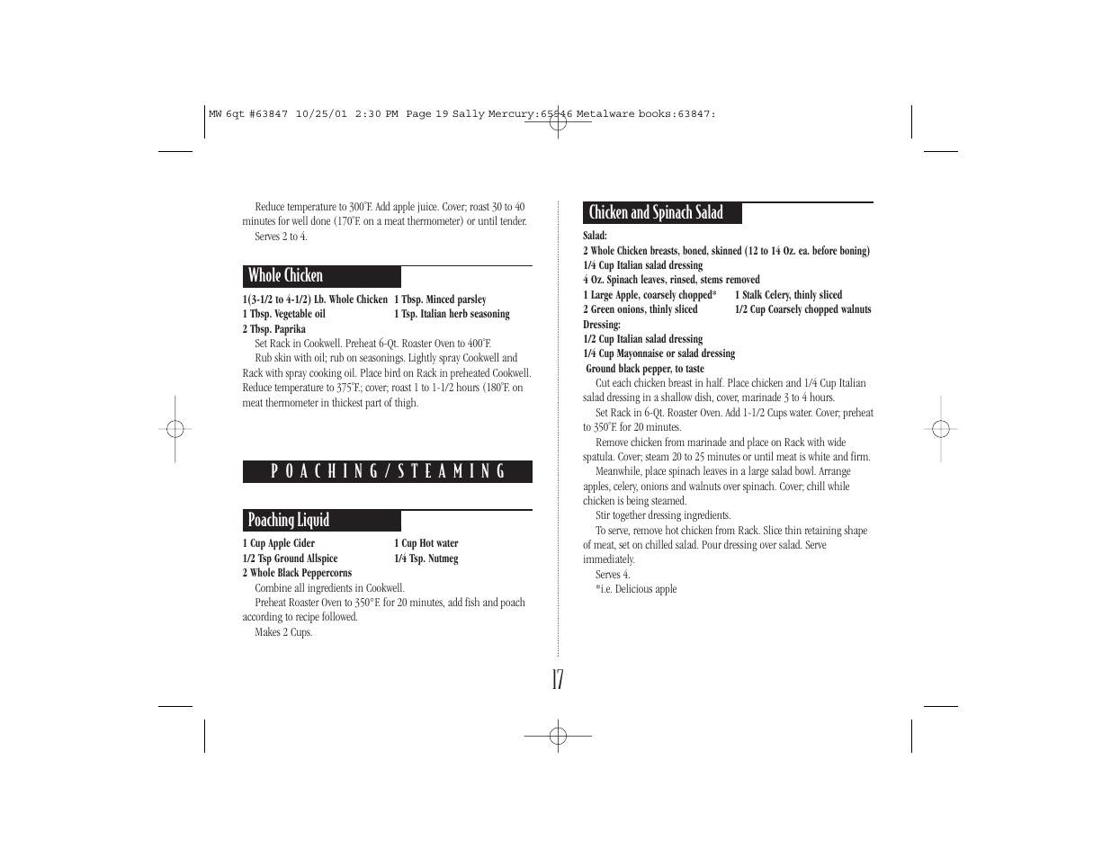 Whole chicken, Chicken and spinach salad | Nesco 6 Qt. Roaster Oven User Manual | Page 19 / 36