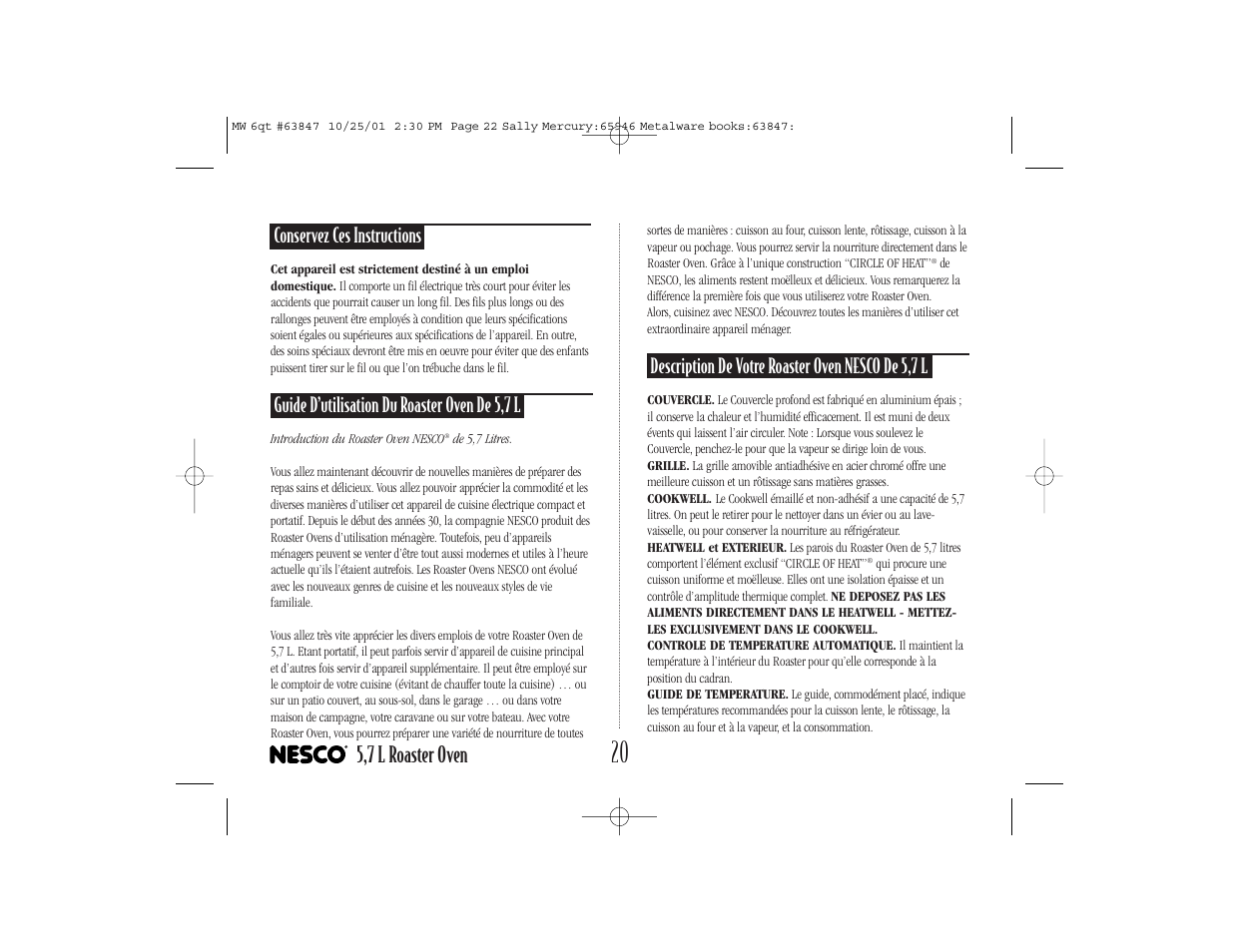 5,7 l roaster oven, Conservez ces instructions, Guide d’utilisation du roaster oven de 5,7 l | Description de votre roaster oven nesco de 5,7 l | Nesco 6 Qt. Roaster Oven User Manual | Page 22 / 36