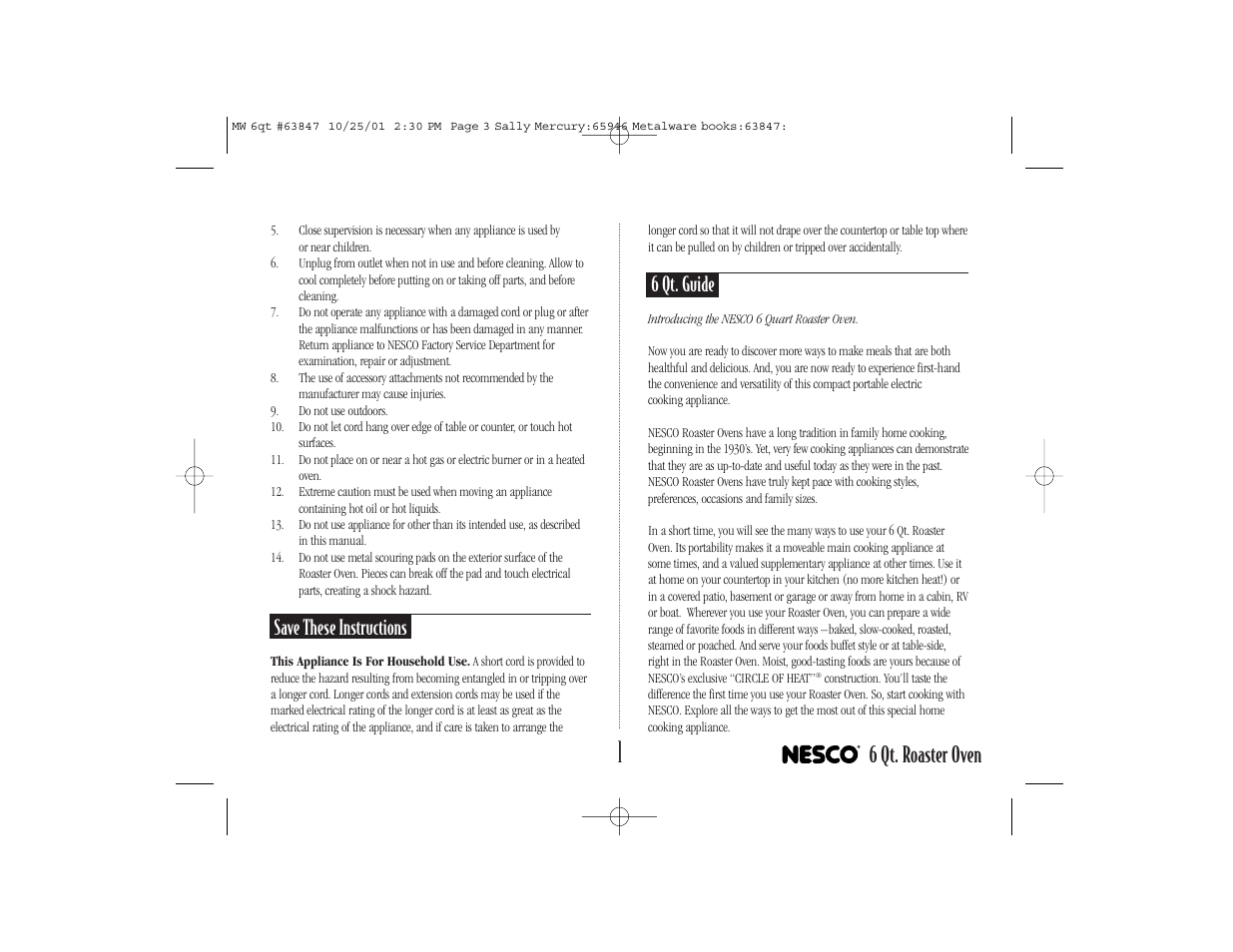 6 qt. roaster oven, Save these instructions, 6 qt. guide | Nesco 6 Qt. Roaster Oven User Manual | Page 3 / 36