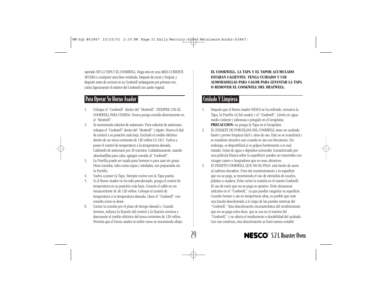 7 l roaster oven, Para operar su horno asador, Cuidado y limpieza | Nesco 6 Qt. Roaster Oven User Manual | Page 31 / 36