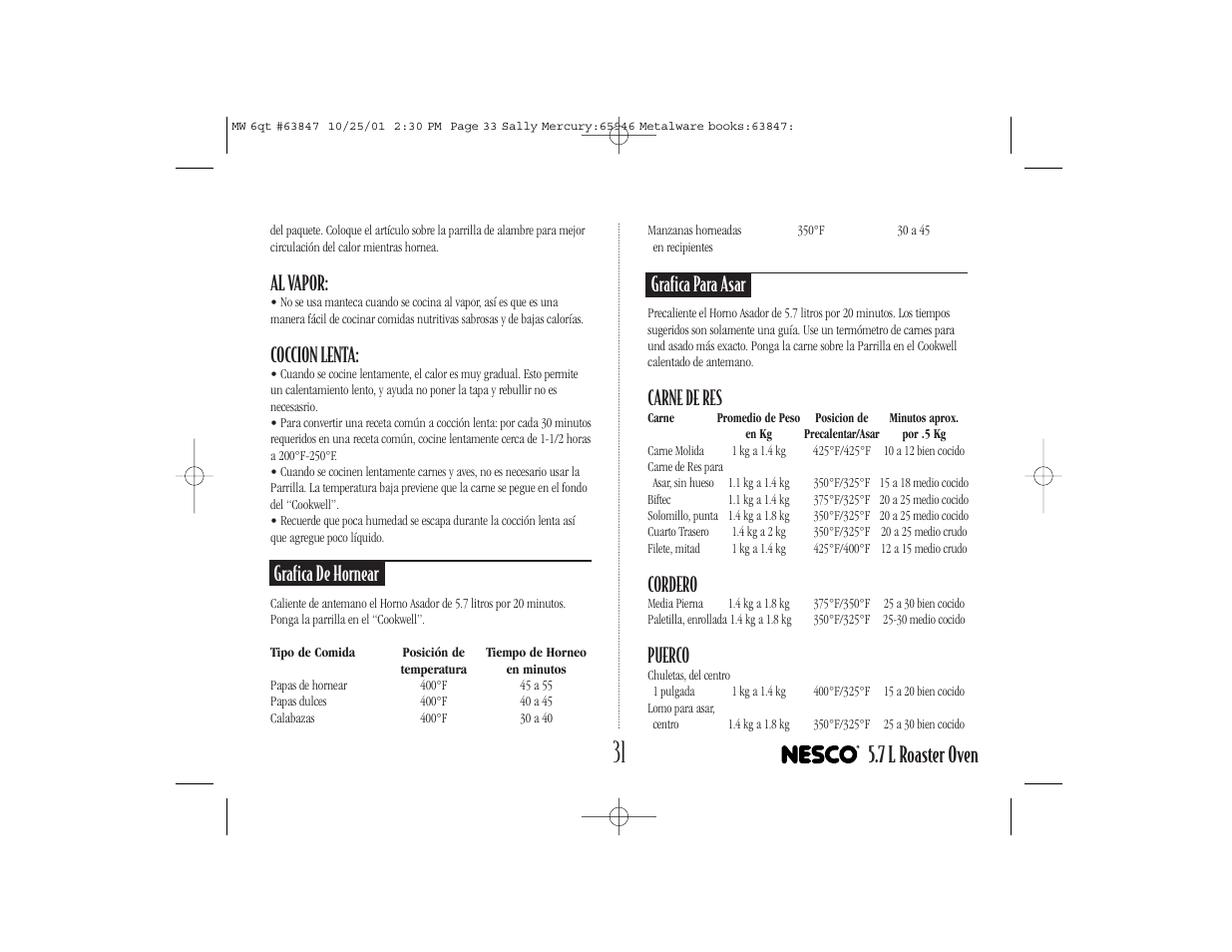 7 l roaster oven, Al vapor, Coccion lenta | Grafica de hornear, Grafica para asar, Carne de res, Cordero, Puerco | Nesco 6 Qt. Roaster Oven User Manual | Page 33 / 36