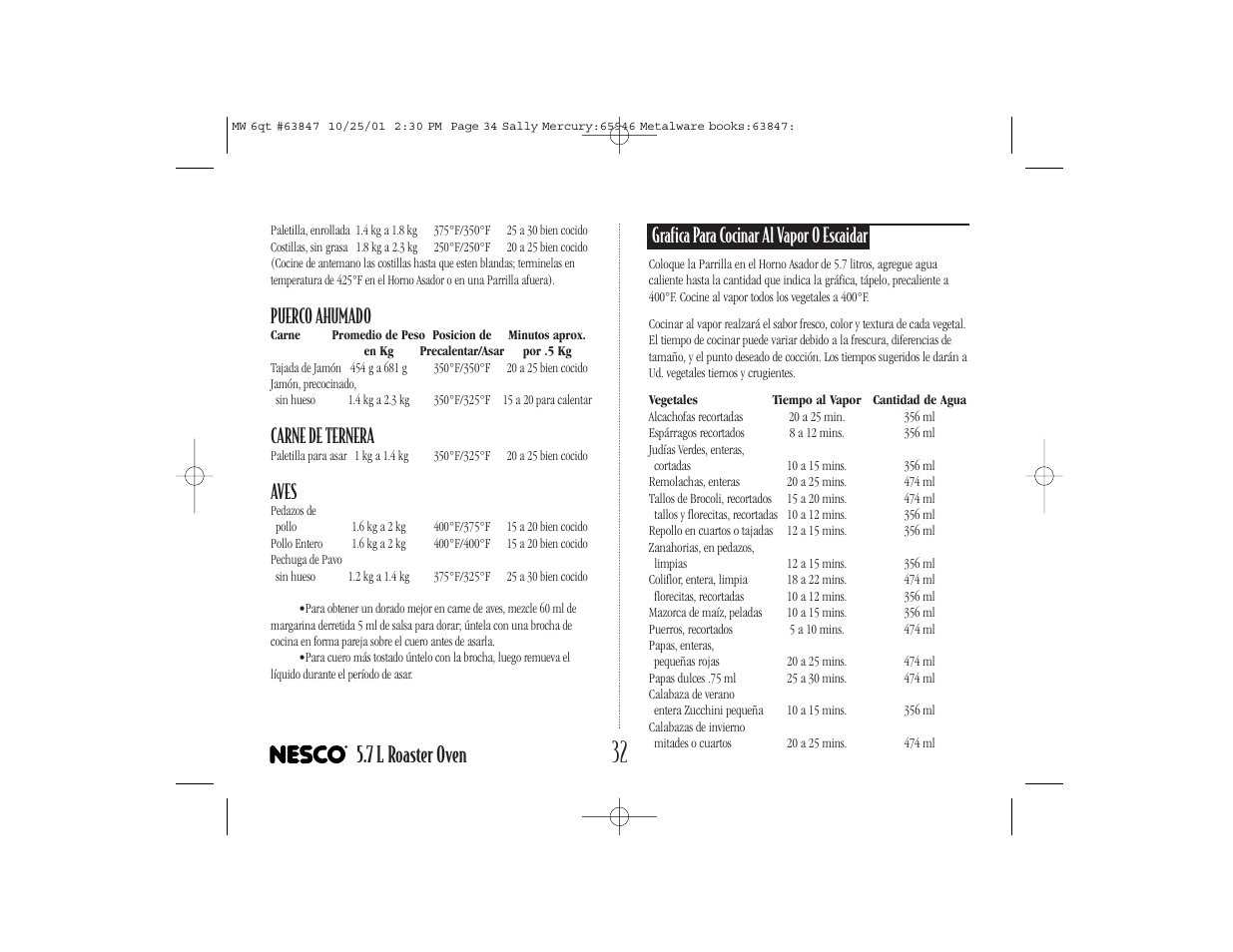 7 l roaster oven, Puerco ahumado, Carne de ternera | Aves, Grafica para cocinar al vapor o escaidar | Nesco 6 Qt. Roaster Oven User Manual | Page 34 / 36