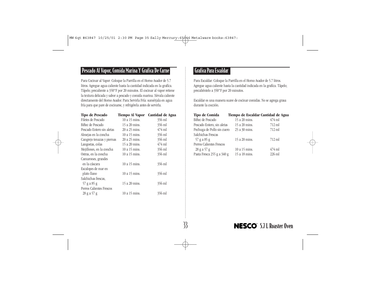 7 l roaster oven, Pescado al vapor, comida marina y grafica de carne, Grafica para escaldar | Nesco 6 Qt. Roaster Oven User Manual | Page 35 / 36