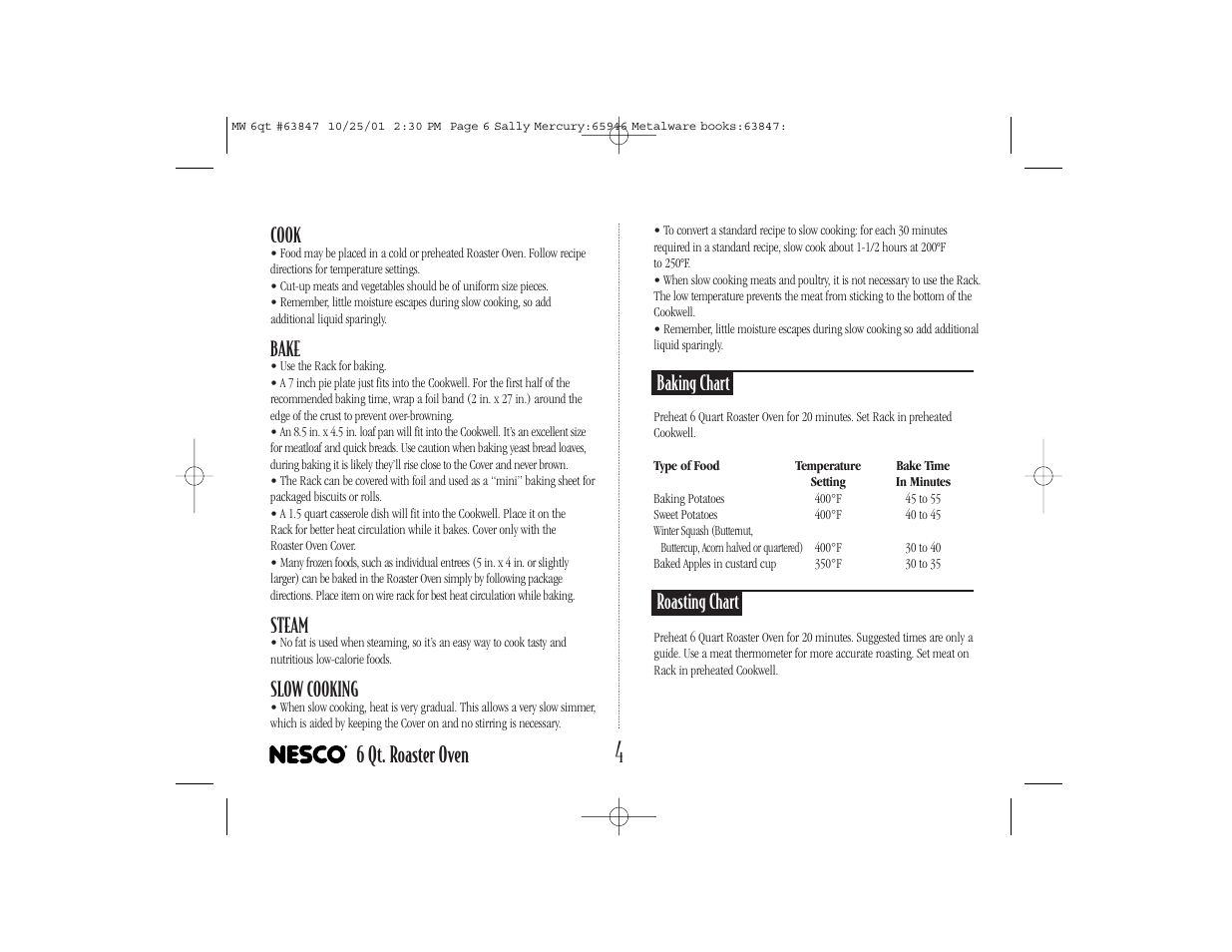 6 qt. roaster oven, Cook, Bake | Steam, Slow cooking, Baking chart, Roasting chart | Nesco 6 Qt. Roaster Oven User Manual | Page 6 / 36