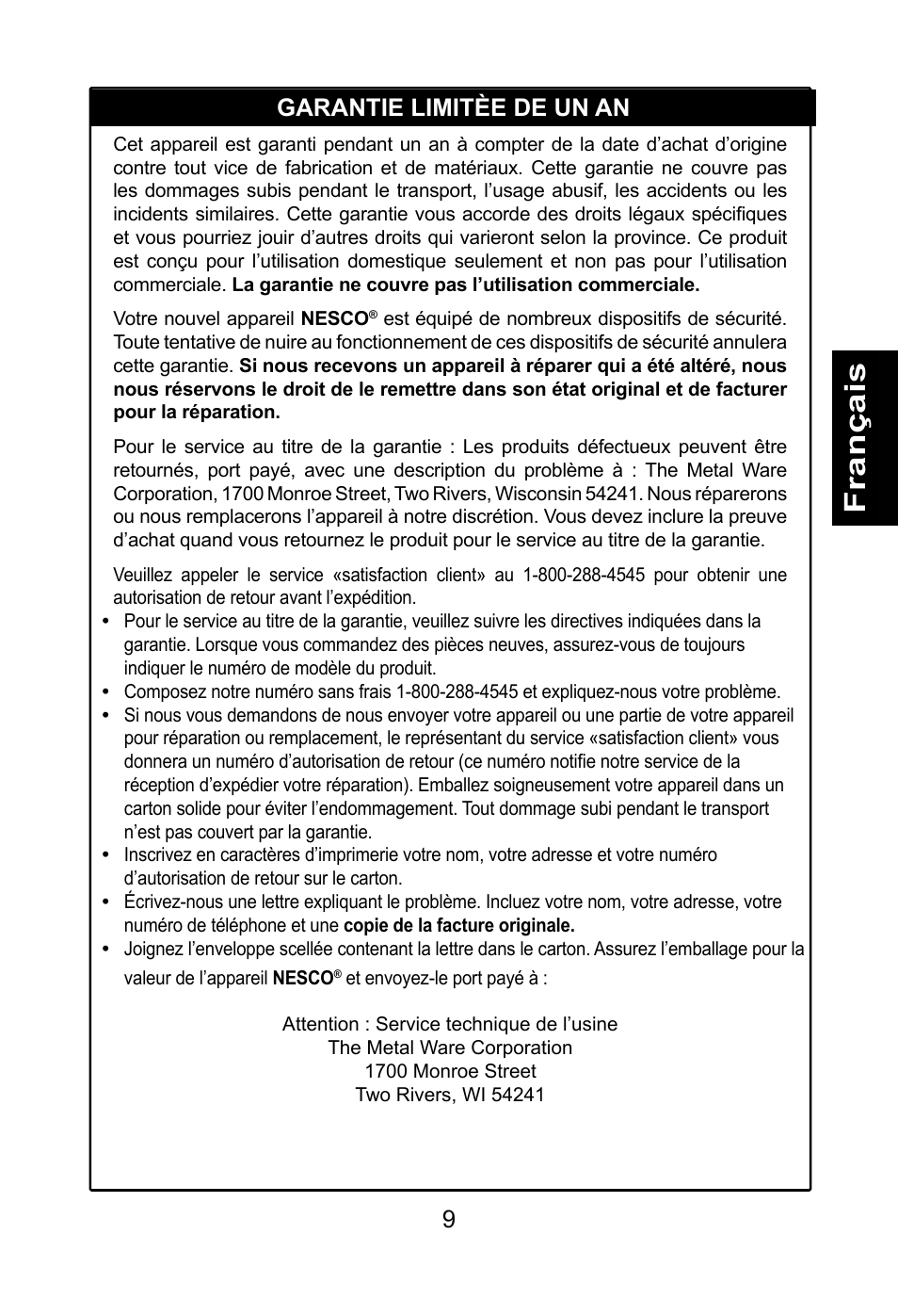 Garantie limitèe de un an | Nesco BG-88PR User Manual | Page 11 / 18