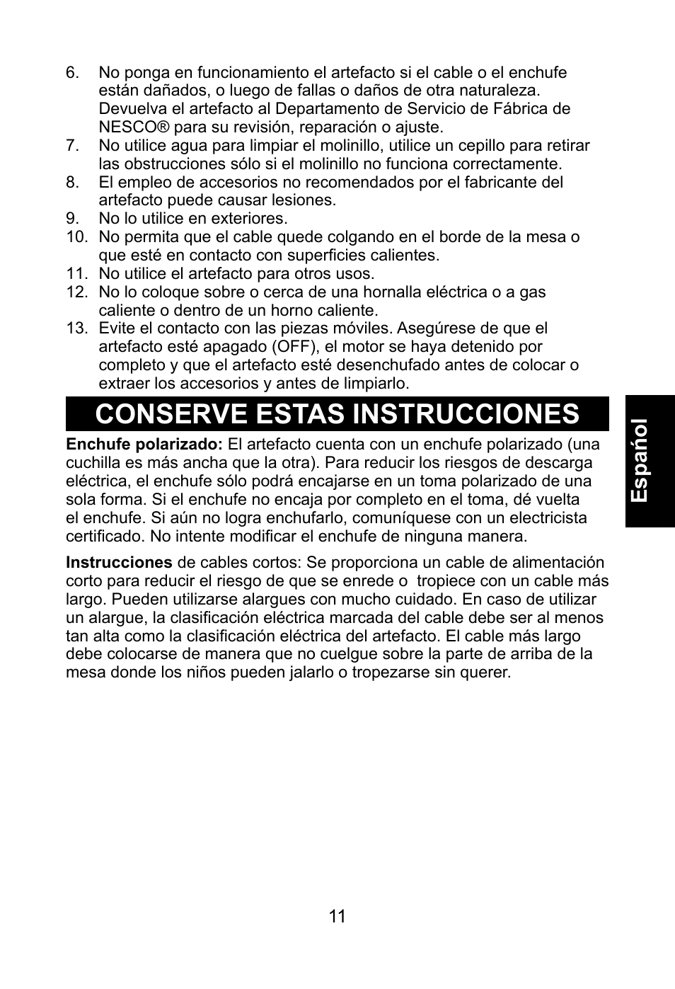 Conserve estas instrucciones, Espańol | Nesco BG-88PR User Manual | Page 13 / 18