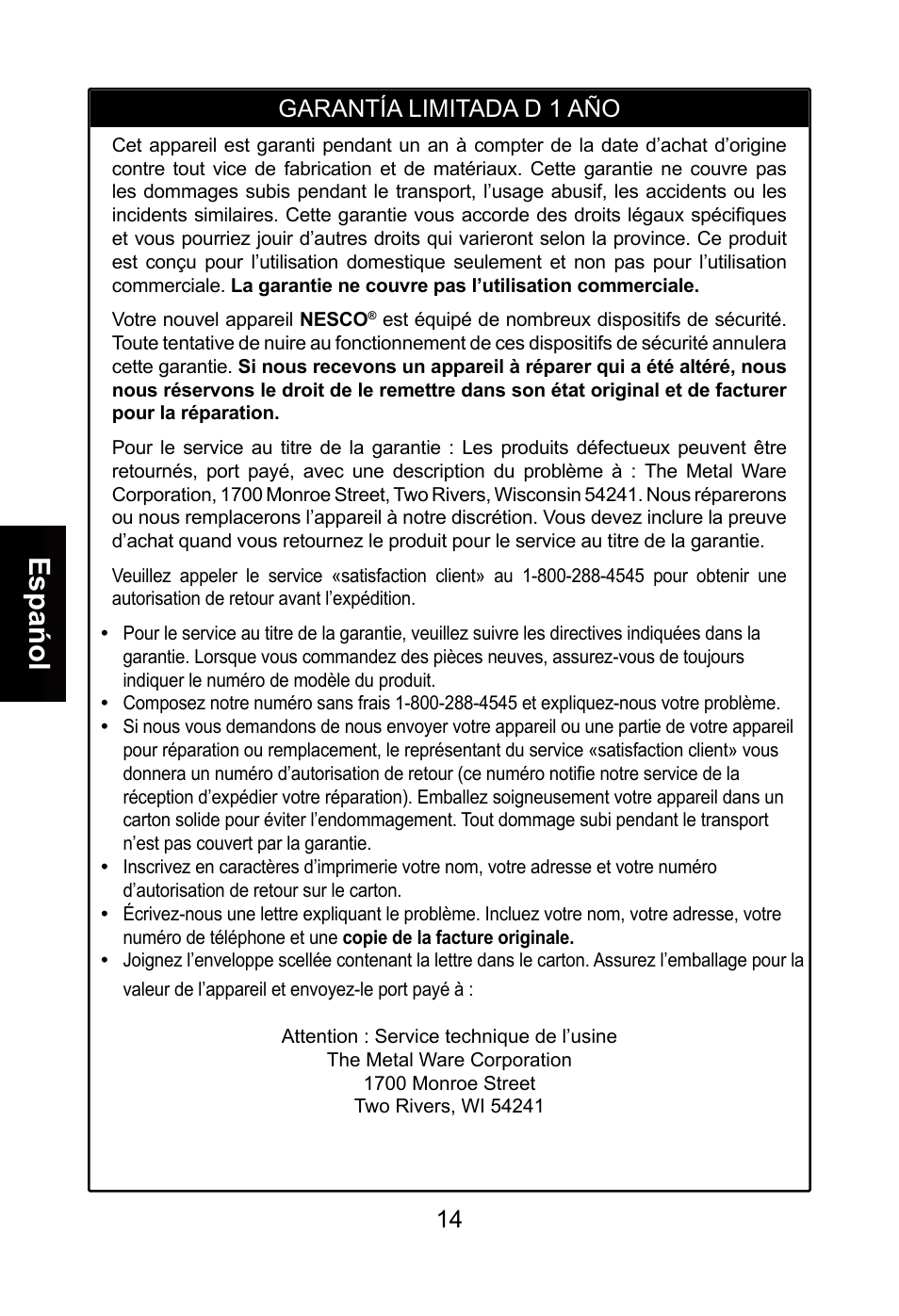 Espańol, Garantía limitada d 1 año | Nesco BG-88PR User Manual | Page 16 / 18