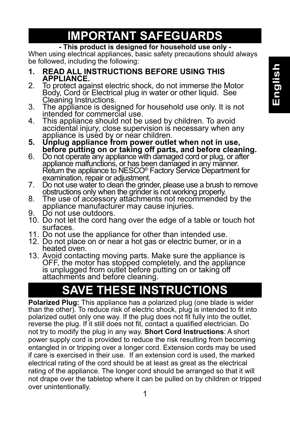 Important safeguards, Save these instructions, En g li s h | Nesco BG-88PR User Manual | Page 3 / 18