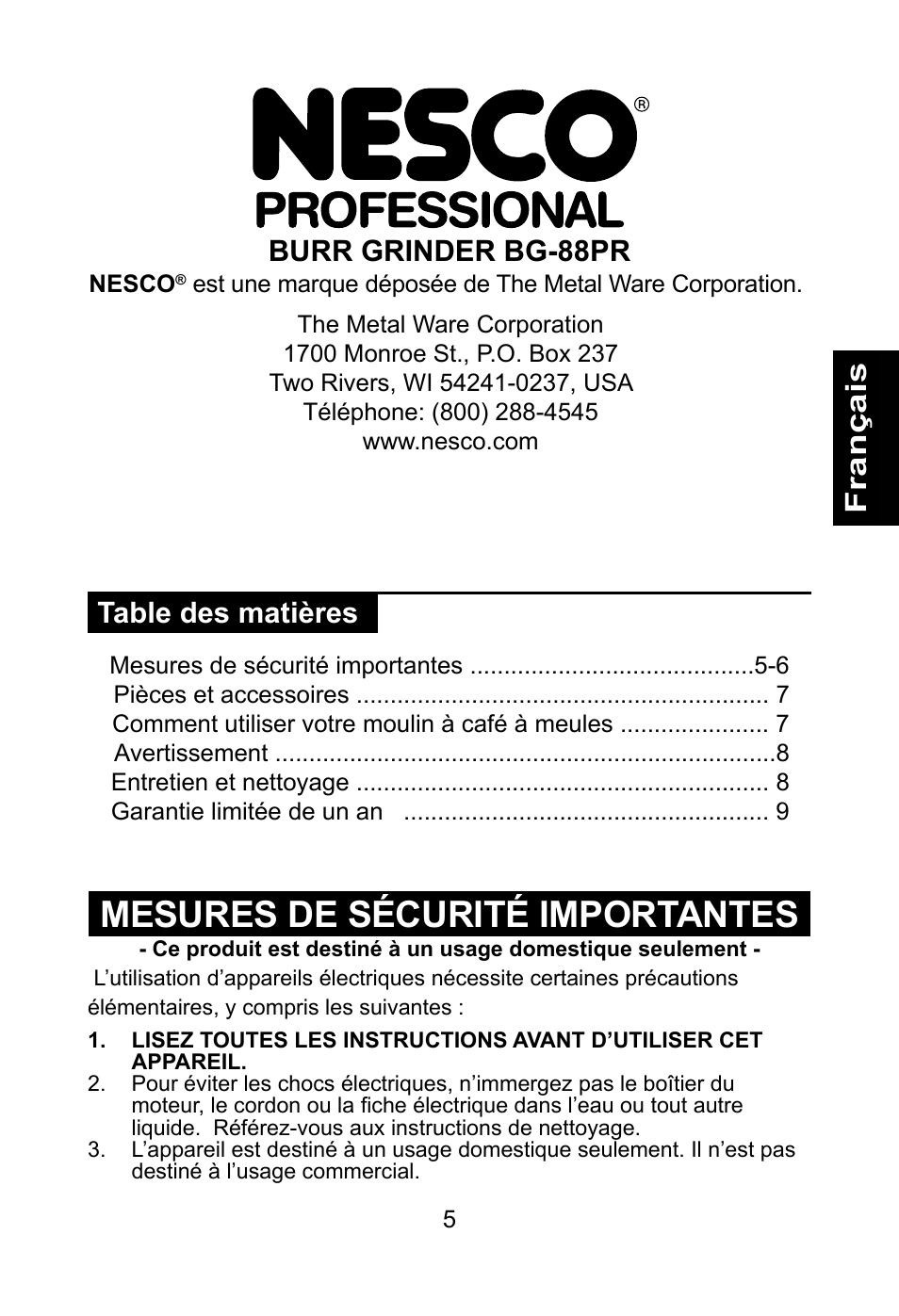 Mesures de sécurité importantes, Burr grinder bg-88pr | Nesco BG-88PR User Manual | Page 7 / 18