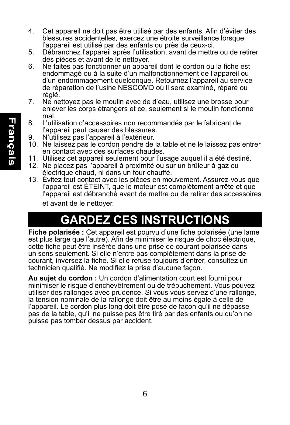 Gardez ces instructions | Nesco BG-88PR User Manual | Page 8 / 18