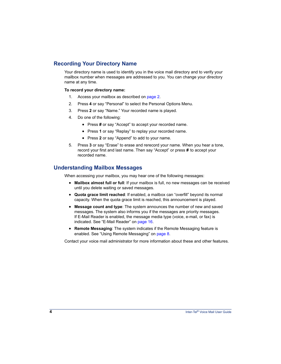 Recording your directory name, Understanding mailbox messages | Mitel Inter-Tel 5000 User Manual | Page 10 / 32
