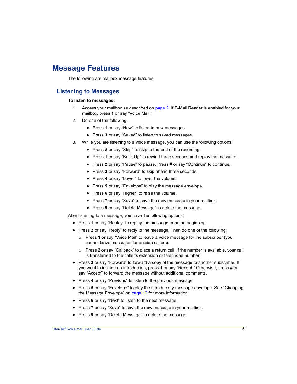 Message features, Listening to messages | Mitel Inter-Tel 5000 User Manual | Page 11 / 32