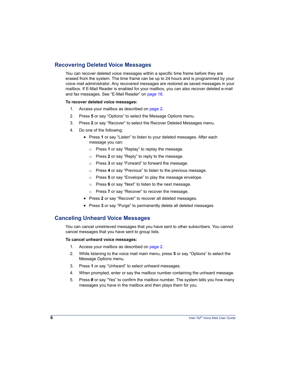 Recovering deleted voice messages, Canceling unheard voice messages | Mitel Inter-Tel 5000 User Manual | Page 12 / 32