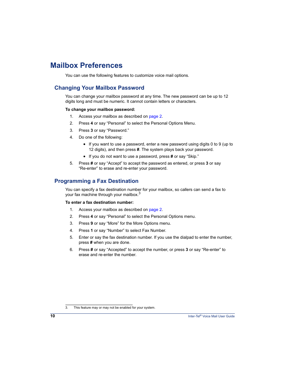 Mailbox preferences, Changing your mailbox password, Programming a fax destination | Mitel Inter-Tel 5000 User Manual | Page 16 / 32