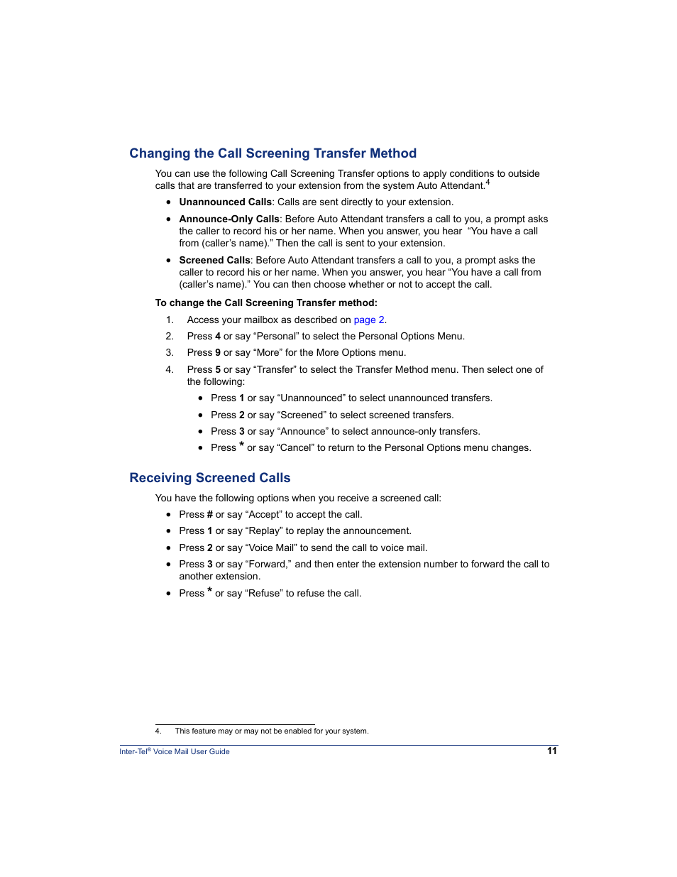 Changing the call screening transfer method, Receiving screened calls | Mitel Inter-Tel 5000 User Manual | Page 17 / 32