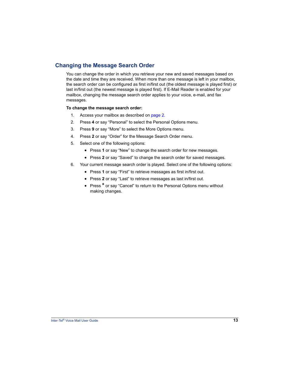 Changing the message search order | Mitel Inter-Tel 5000 User Manual | Page 19 / 32