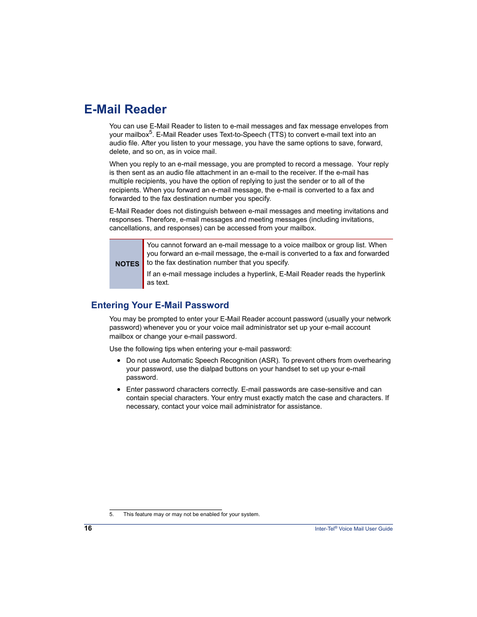 E-mail reader, Entering your e-mail password, E-mail reader” on | Cated. see “e-mail reader” on, S. see “e-mail reader” on, Ges (see | Mitel Inter-Tel 5000 User Manual | Page 22 / 32