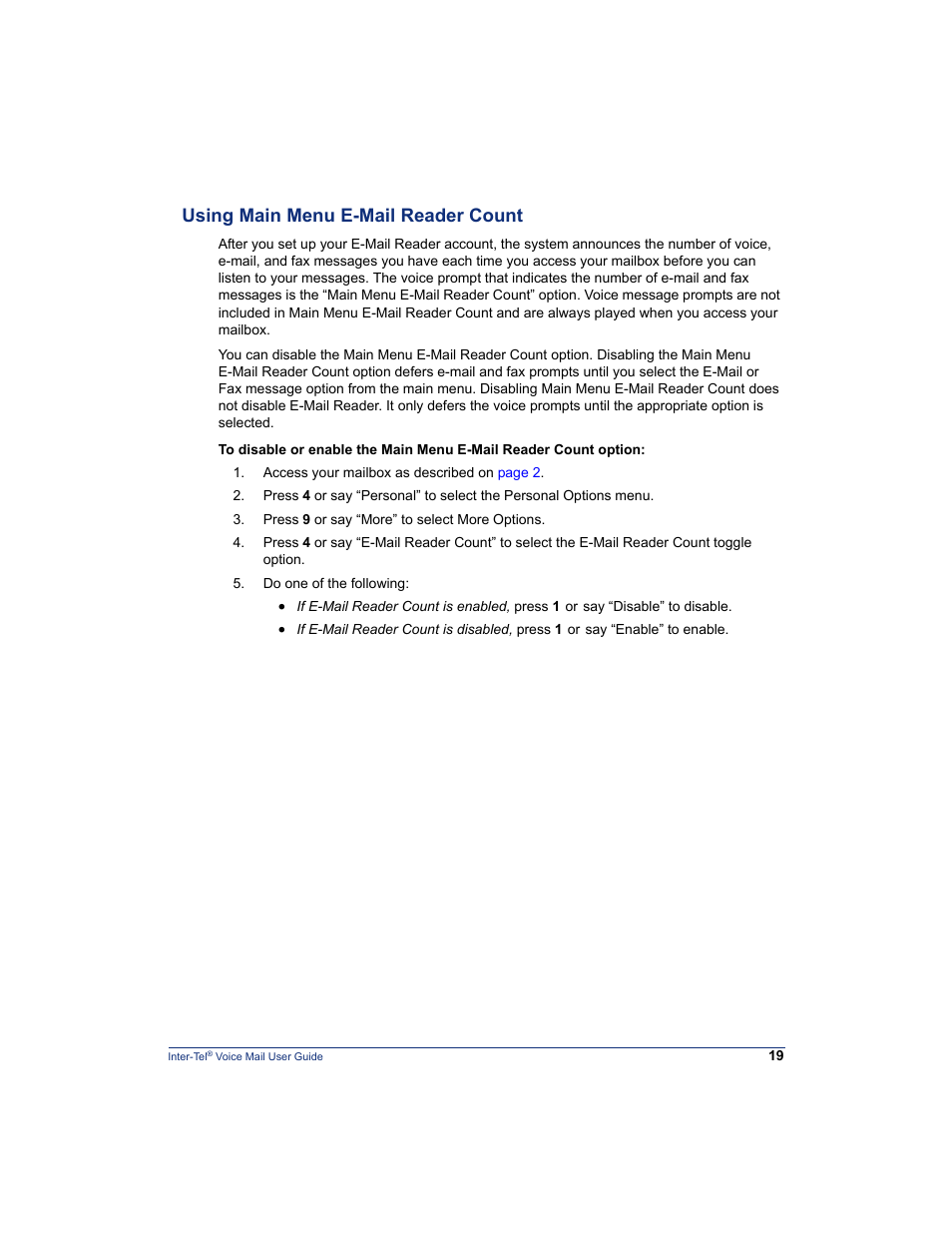 Using main menu e-mail reader count | Mitel Inter-Tel 5000 User Manual | Page 25 / 32