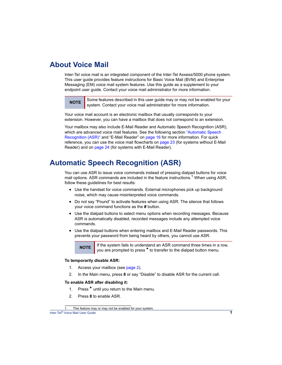 About voice mail, Automatic speech recognition (asr) | Mitel Inter-Tel 5000 User Manual | Page 7 / 32