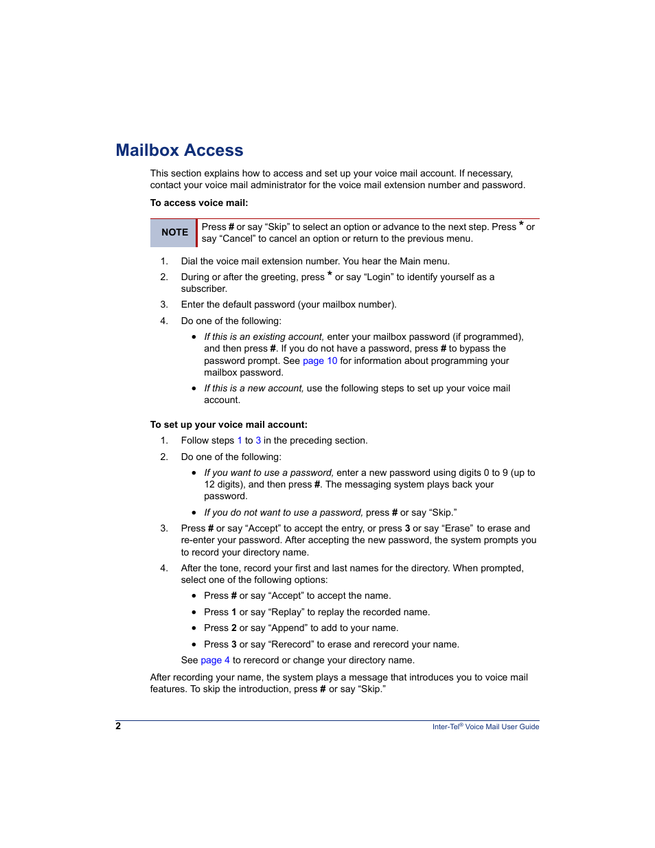 Mailbox access | Mitel Inter-Tel 5000 User Manual | Page 8 / 32