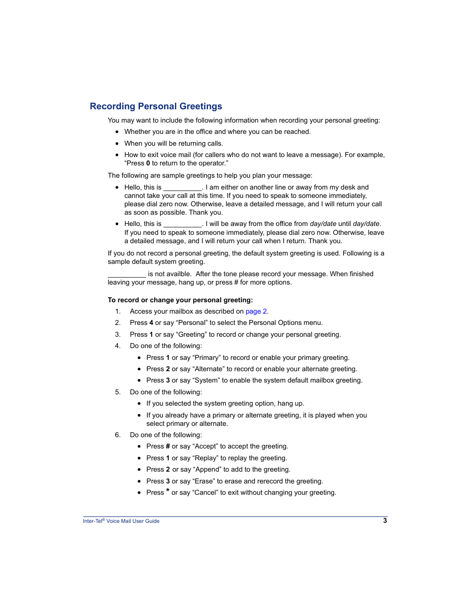 Recording personal greetings | Mitel Inter-Tel 5000 User Manual | Page 9 / 32