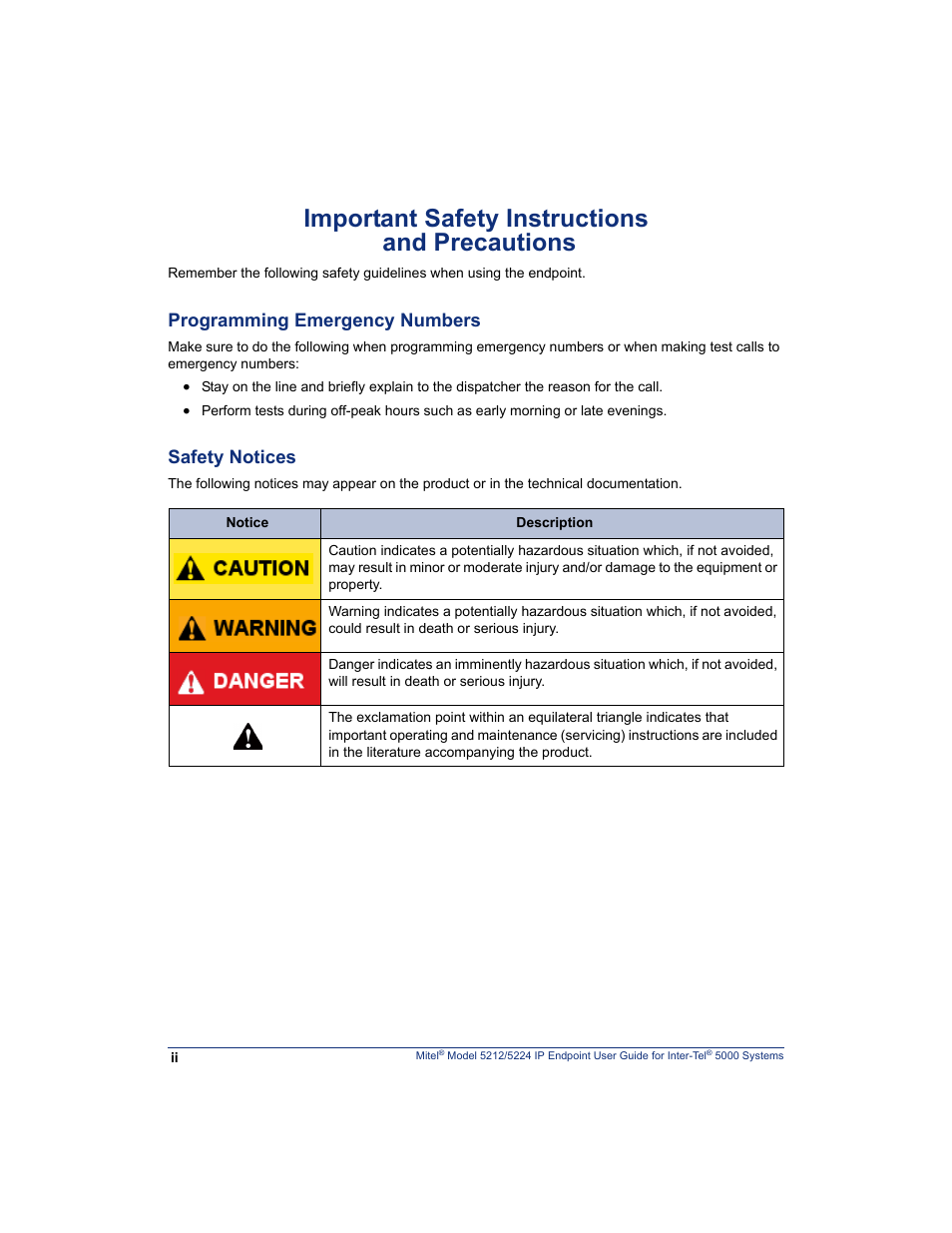 Important safety instructions and precautions, Programming emergency numbers, Safety notices | Mitel 5212 User Manual | Page 10 / 80