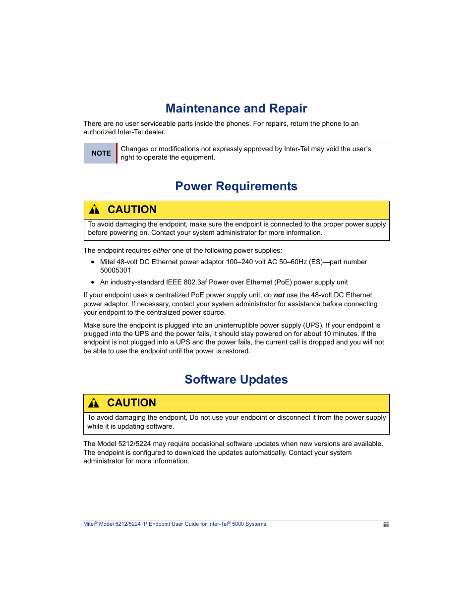 Maintenance and repair, Power requirements, Software updates | Caution | Mitel 5212 User Manual | Page 11 / 80