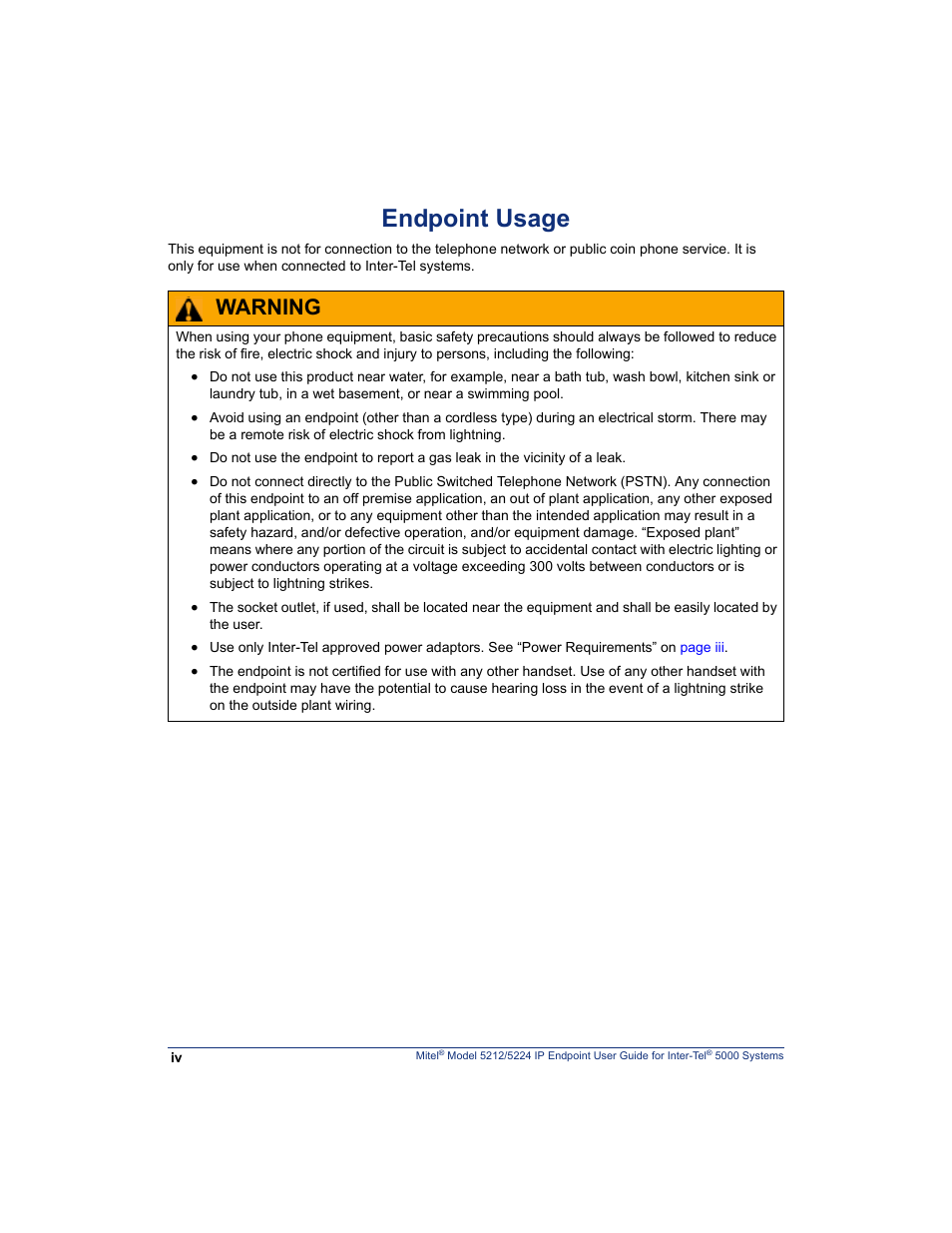 Endpoint usage, Warning | Mitel 5212 User Manual | Page 12 / 80