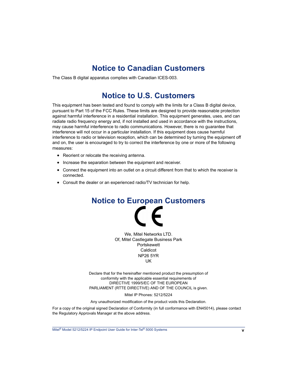 Notice to canadian customers, Notice to u.s. customers, Notice to european customers | Mitel 5212 User Manual | Page 13 / 80