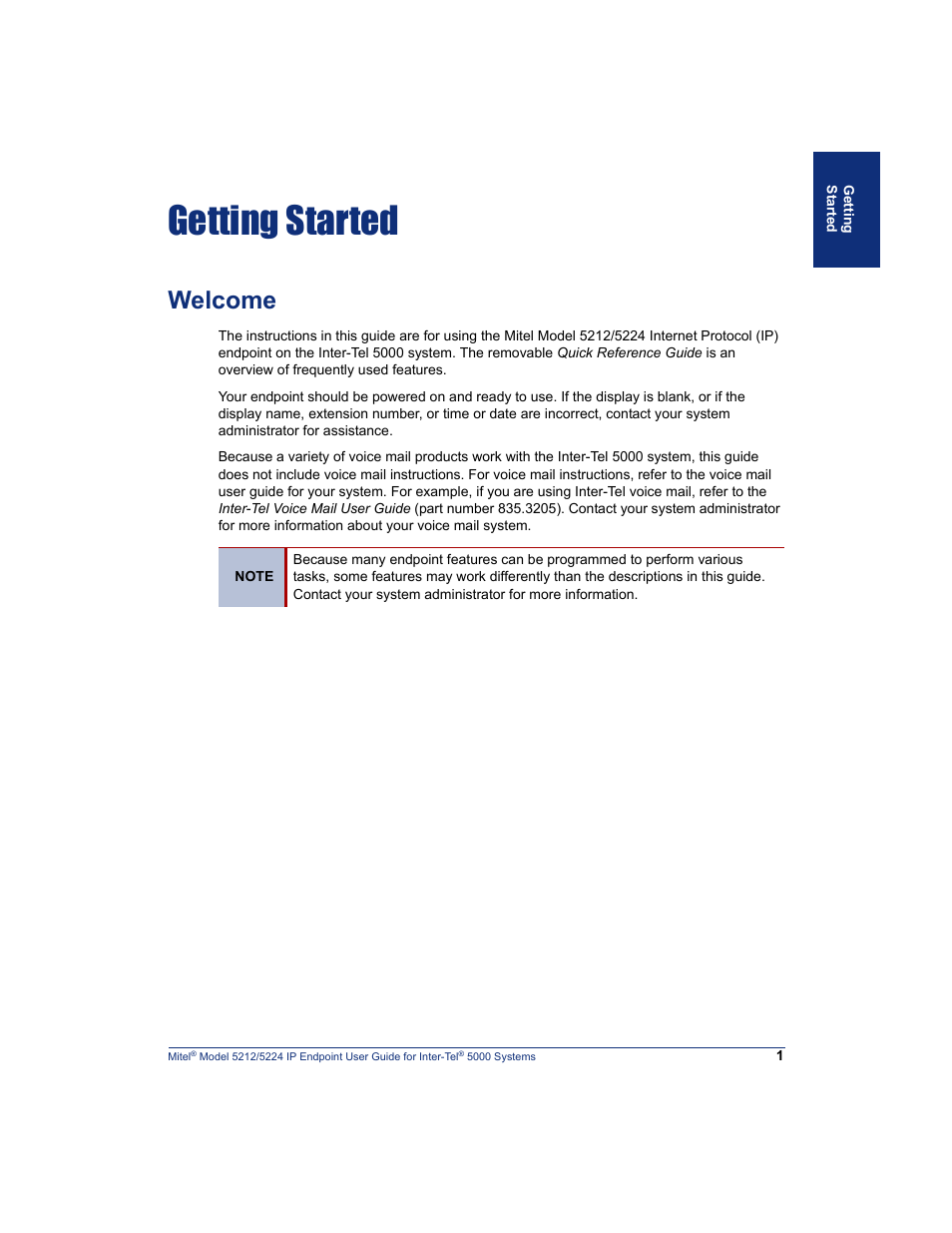 Getting started, Welcome, Getting | Mitel 5212 User Manual | Page 19 / 80