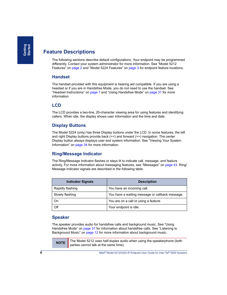 Feature descriptions, Handset, Display buttons | Ring/message indicator, Speaker | Mitel 5212 User Manual | Page 22 / 80