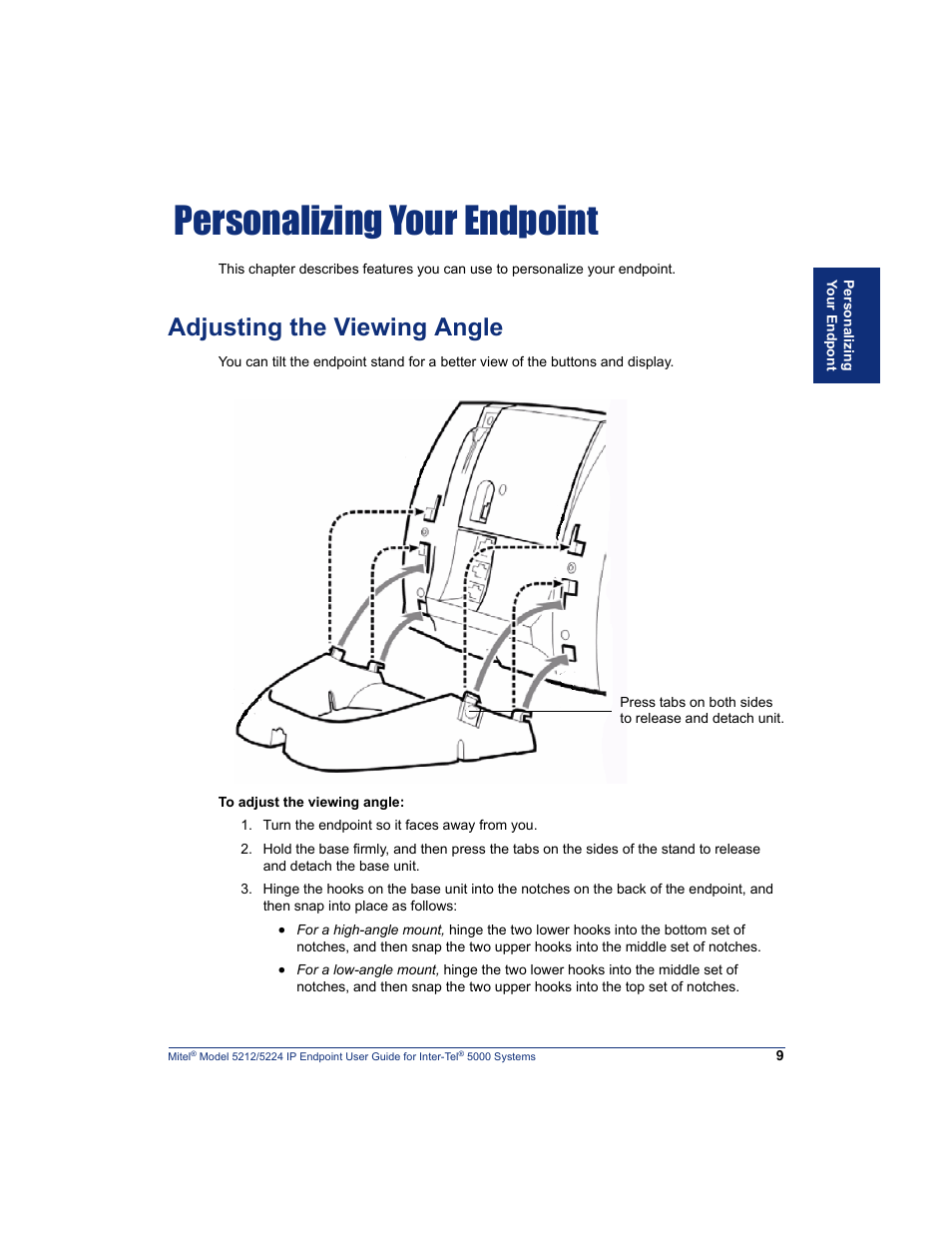 Personalizing your endpoint, Adjusting the viewing angle, Personalizing | Yo u, Person, Alizi, Ur en, Adjusting the viewing angle” on | Mitel 5212 User Manual | Page 27 / 80