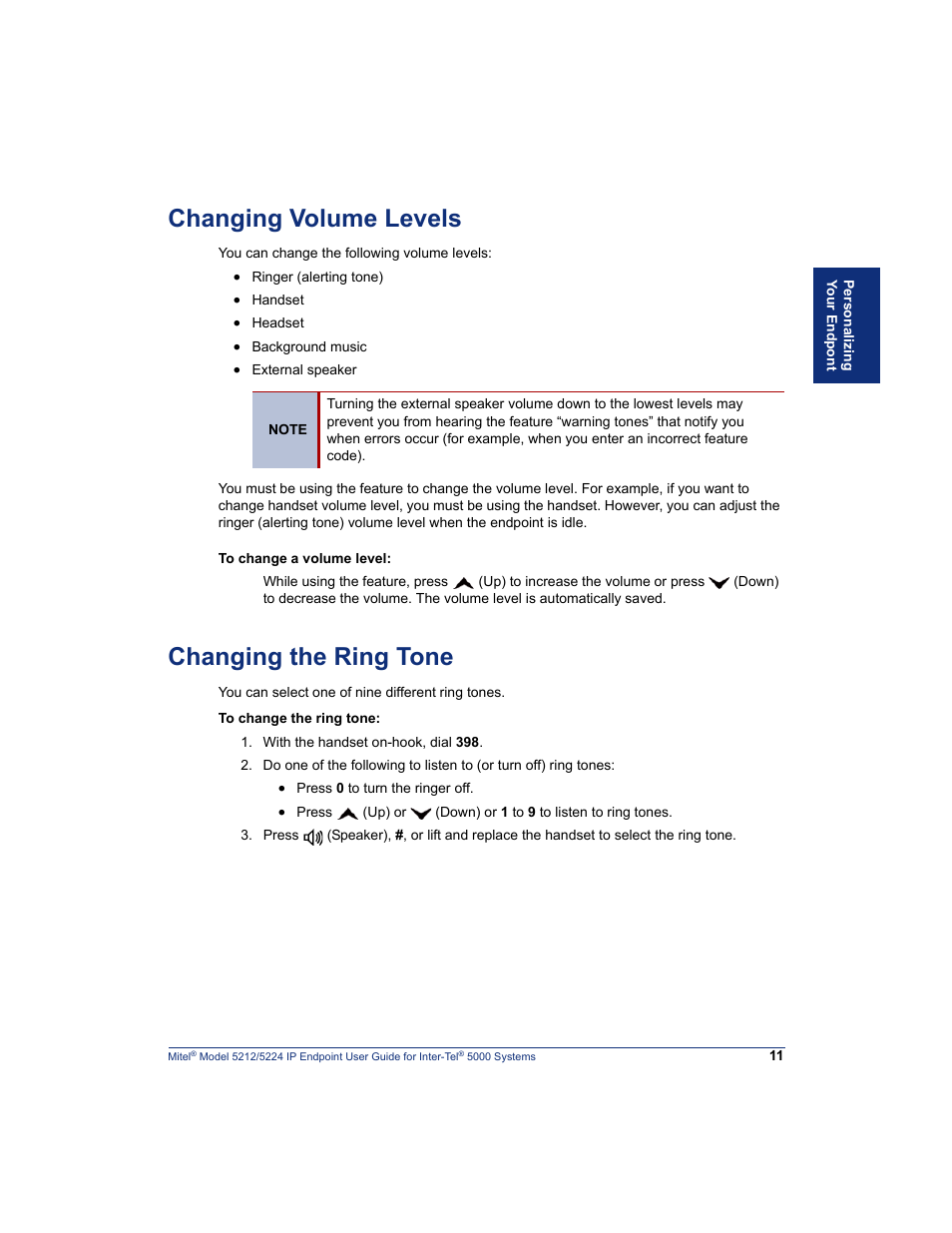 Changing volume levels, Changing the ring tone, See “changing volume levels” on | Mitel 5212 User Manual | Page 29 / 80