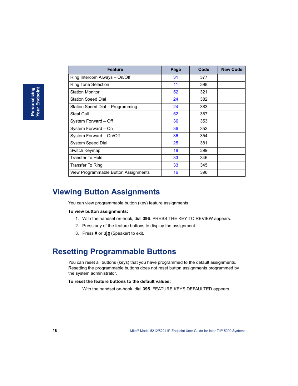 Viewing button assignments, Resetting programmable buttons | Mitel 5212 User Manual | Page 34 / 80