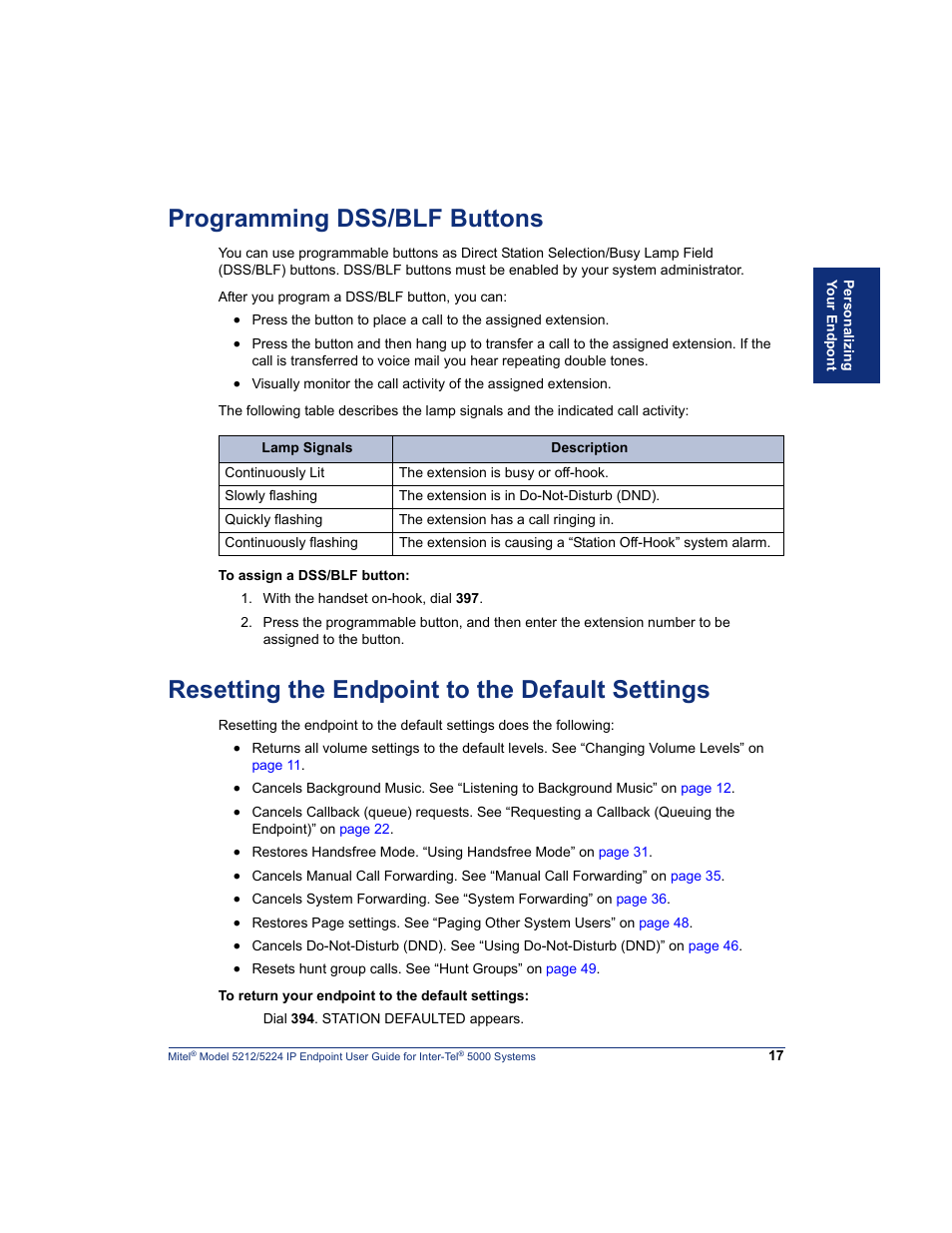 Programming dss/blf buttons, Resetting the endpoint to the default settings | Mitel 5212 User Manual | Page 35 / 80