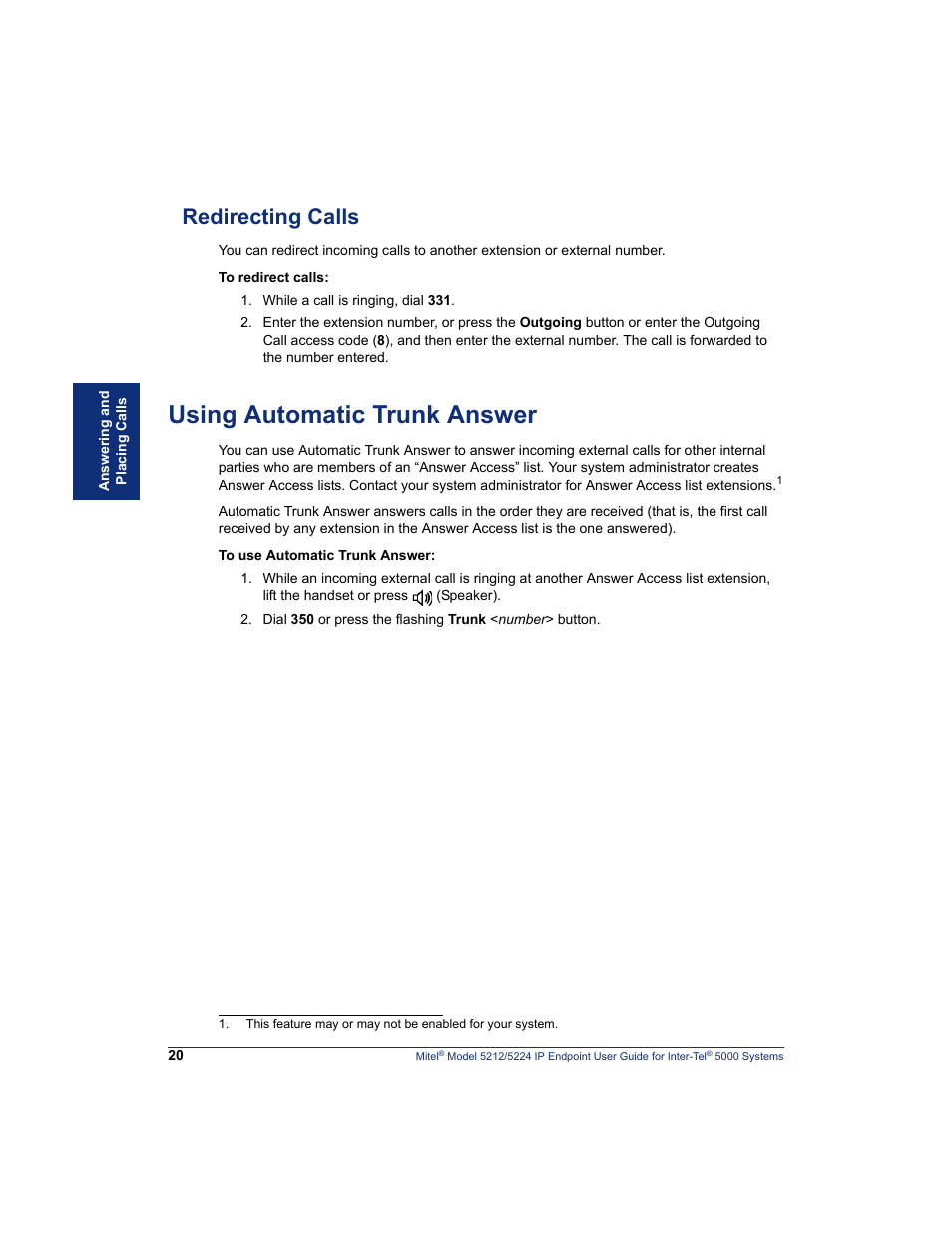 Redirecting calls, Using automatic trunk answer | Mitel 5212 User Manual | Page 38 / 80