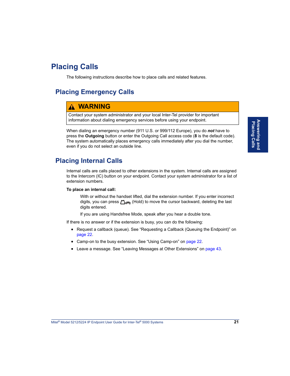 Placing calls, Placing emergency calls, Placing internal calls | Placing emergency calls placing internal calls, Warning | Mitel 5212 User Manual | Page 39 / 80