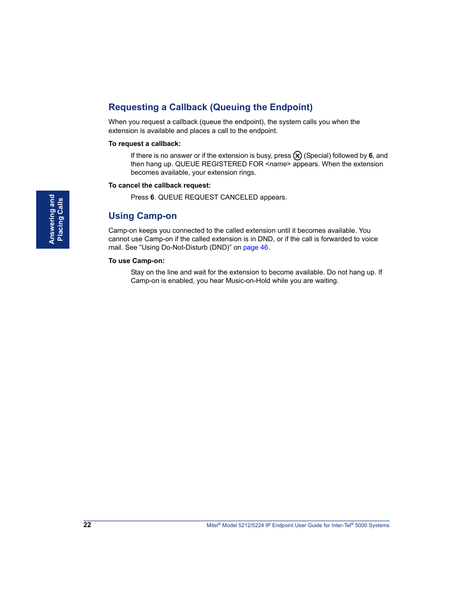 Requesting a callback (queuing the endpoint)” on, Using camp-on” on, Requesting a callback (queuing the endpoint) | Using camp-on | Mitel 5212 User Manual | Page 40 / 80