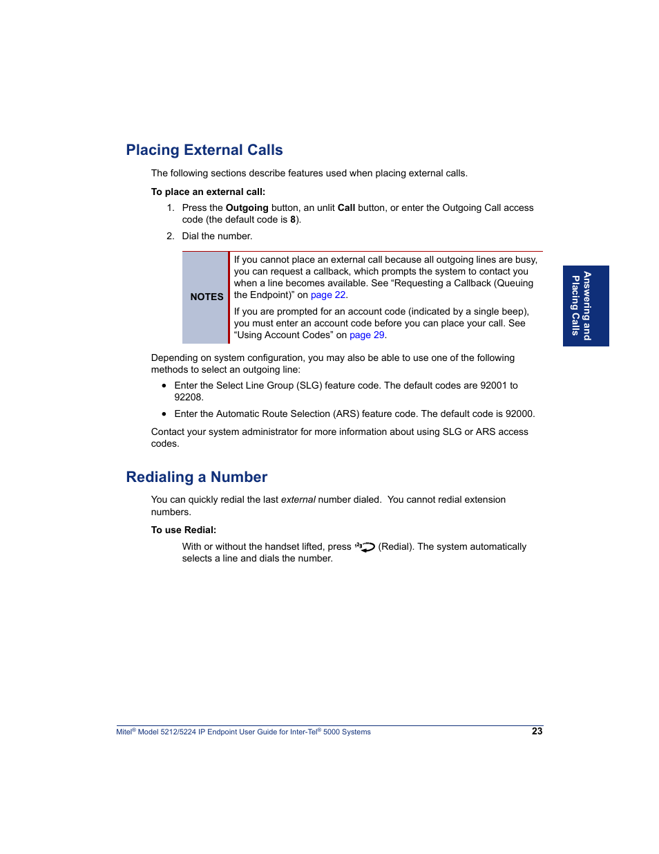 Placing external calls, Redialing a number, Placing external calls redialing a number | Mitel 5212 User Manual | Page 41 / 80