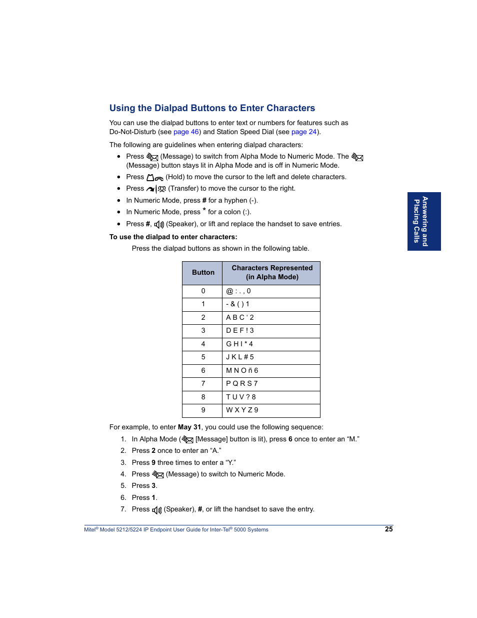 Using the dialpad buttons to enter characters, Using the dialpad buttons to enter characters” on | Mitel 5212 User Manual | Page 43 / 80